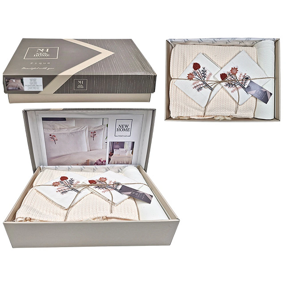 Lenjerie de pat 2 persoane NH Pike Cream cu broderie: cuvertura de pat, cearsaf, 4 huse p/u perna