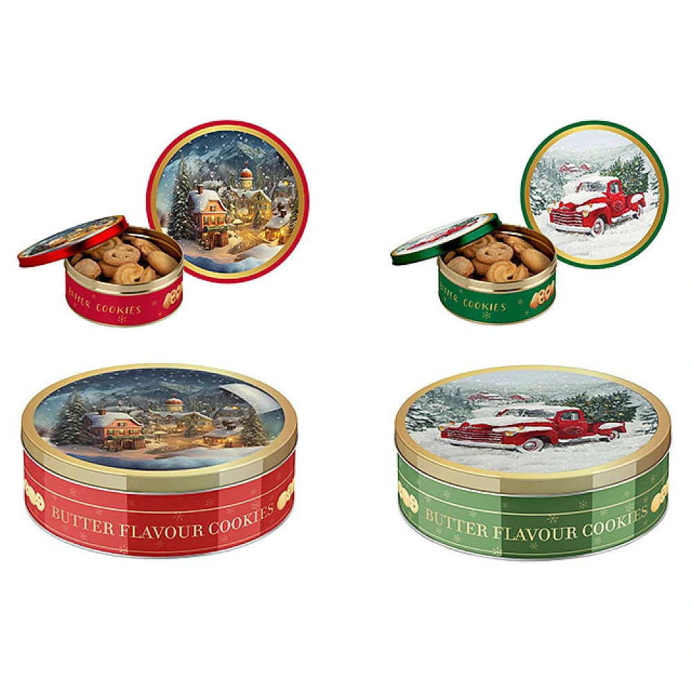 Biscuiti cu unt in cutie de Craciun din metal 114g, 2 tipuri