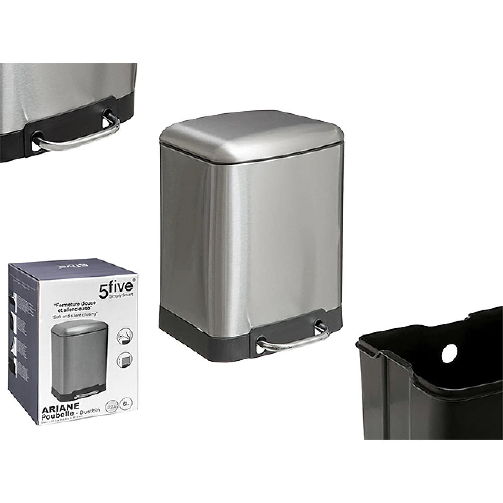 Cos pentru gunoi cu pedala Five Ariane 6l 22.5X18.5X32.5cm, argintiu, inox