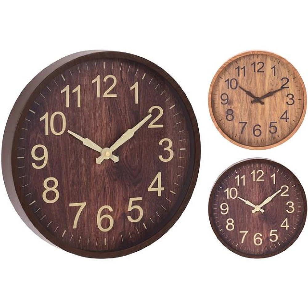 Ceas de perete rotund 30cm, H4cm, plastic, 2 culori, lemn