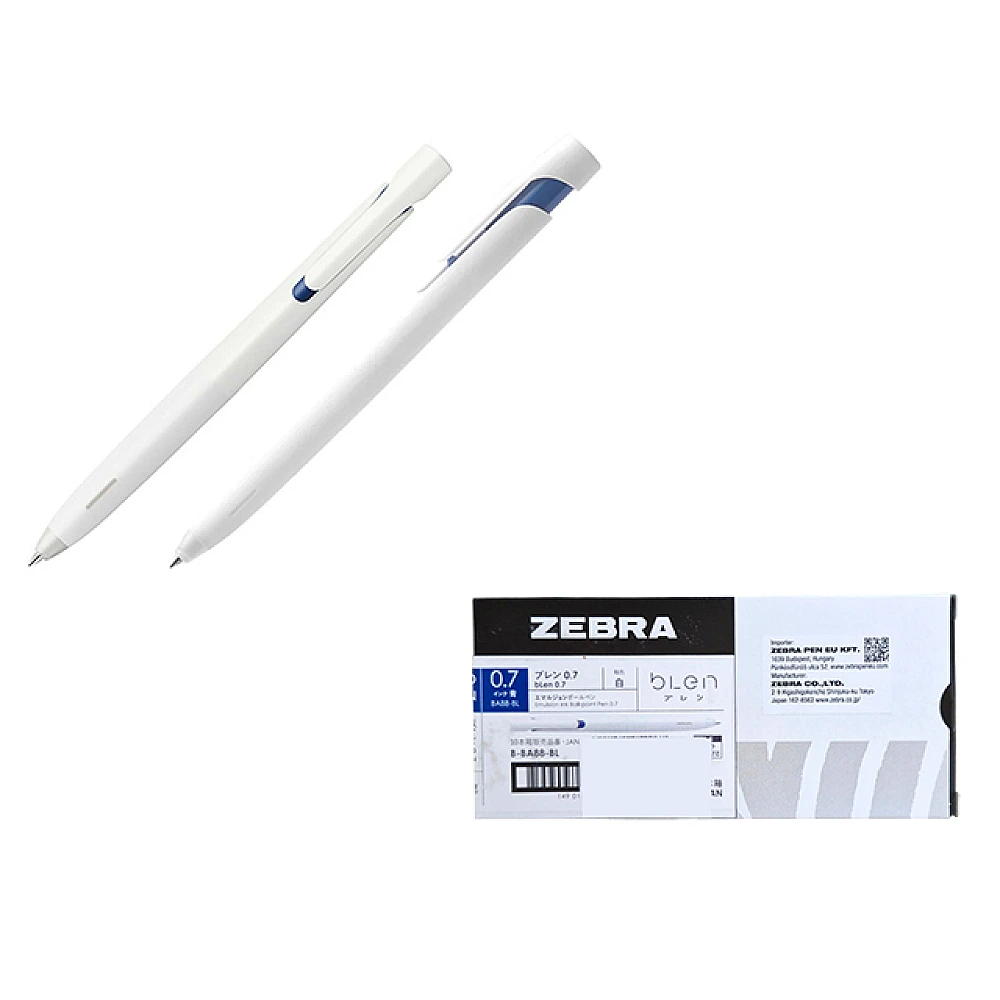 Pix cu bila Zebra Blen, 0.7 mm, corp alb, cerneala albastra