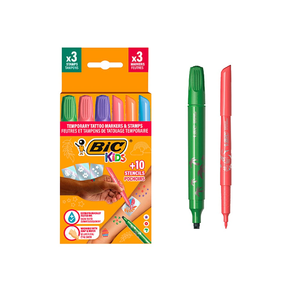 Set markere pentru tatuaje temporare BIC Kids, 6 buc + 10 sabloane