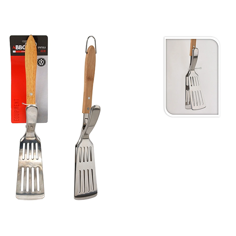 Spatulă-cleste 2in1 pentru gratar BBQ 40cm, mâner din lemn