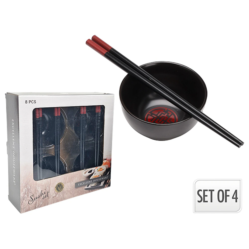 Set pentru sushi EH 8buc, 4 boluri D14 cm si 4 perechi de betisoare chinezesti