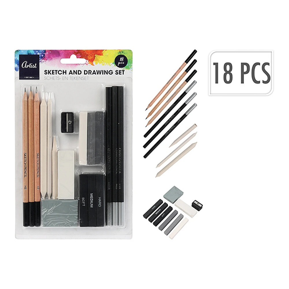 Set Papetărie Artis 18unit: сreioane 3x3 buc (HB/2B/4B), pasteluri 6 buc, ascutitoare și 2 radiere