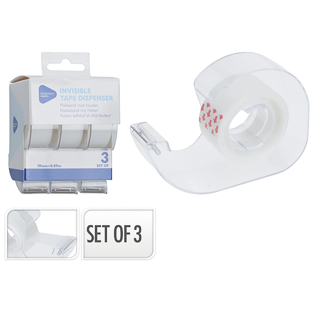 Set bandă adezivă în dispenser 3 buc, 8.9mX19mm
