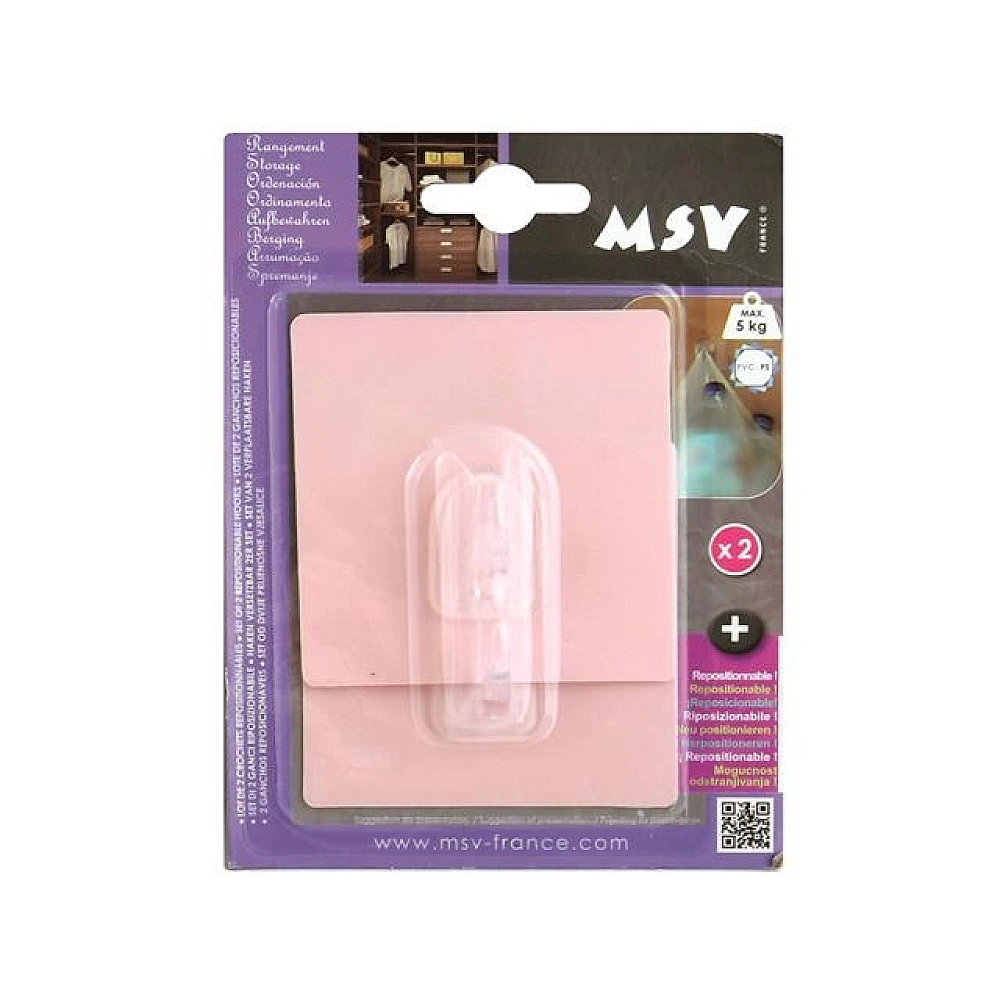 Cârlige autoadezive MSV, 2buc, pătrate, 8X8cm, roz, din plastic