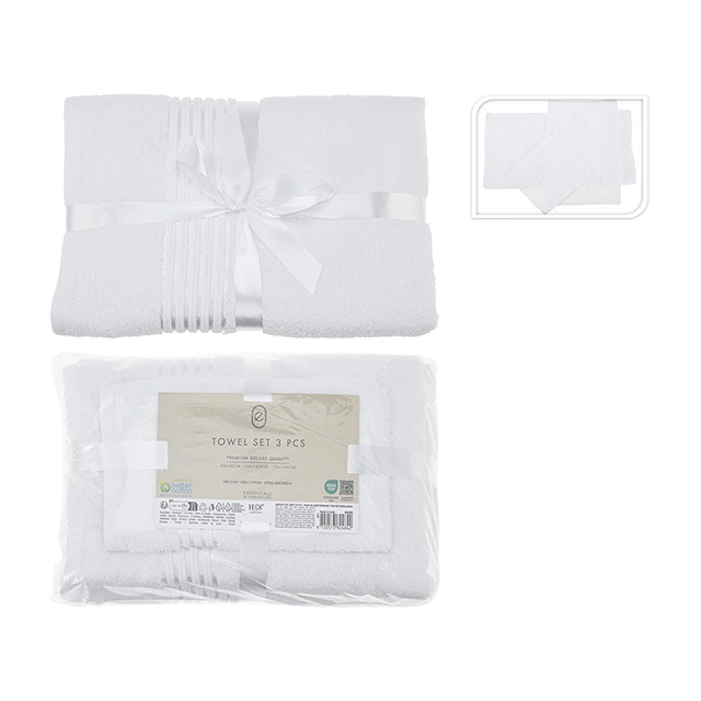 Set prosoape H&S 3 buc (30X50cm, 50X100cm, 70X140cm) 80% bumbac / 20% vascoza, alba