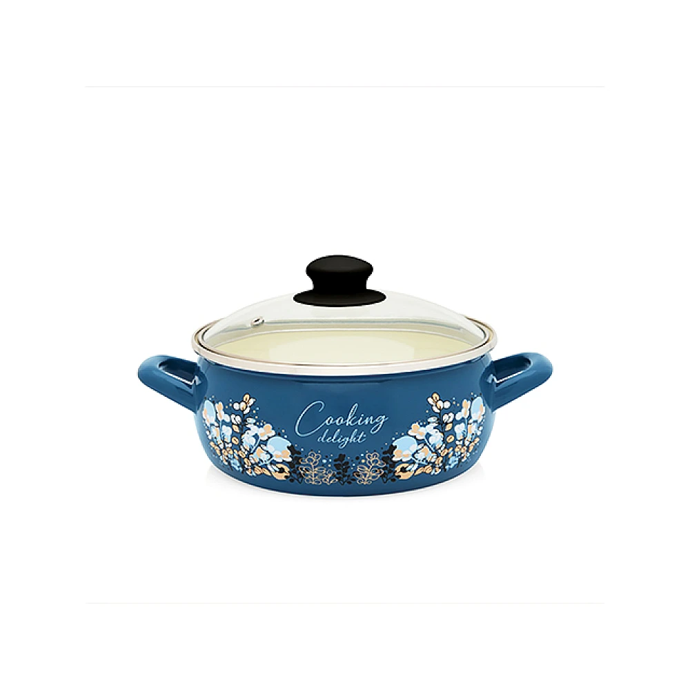 Cratita emailata Blue 20cm, 2.9l, capac din sticla