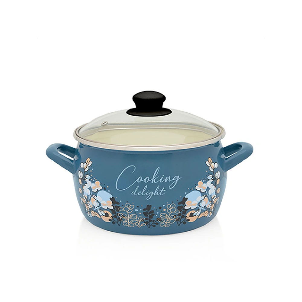 Cratita emailata Blue 24cm, 7.5l, capac din sticla