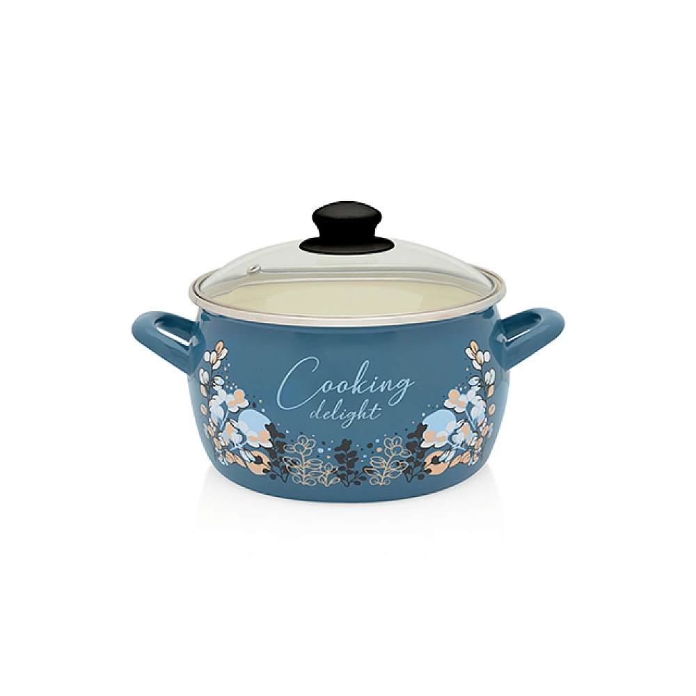 Cratita emailata Blue 20cm, 4.2l, capac din sticla
