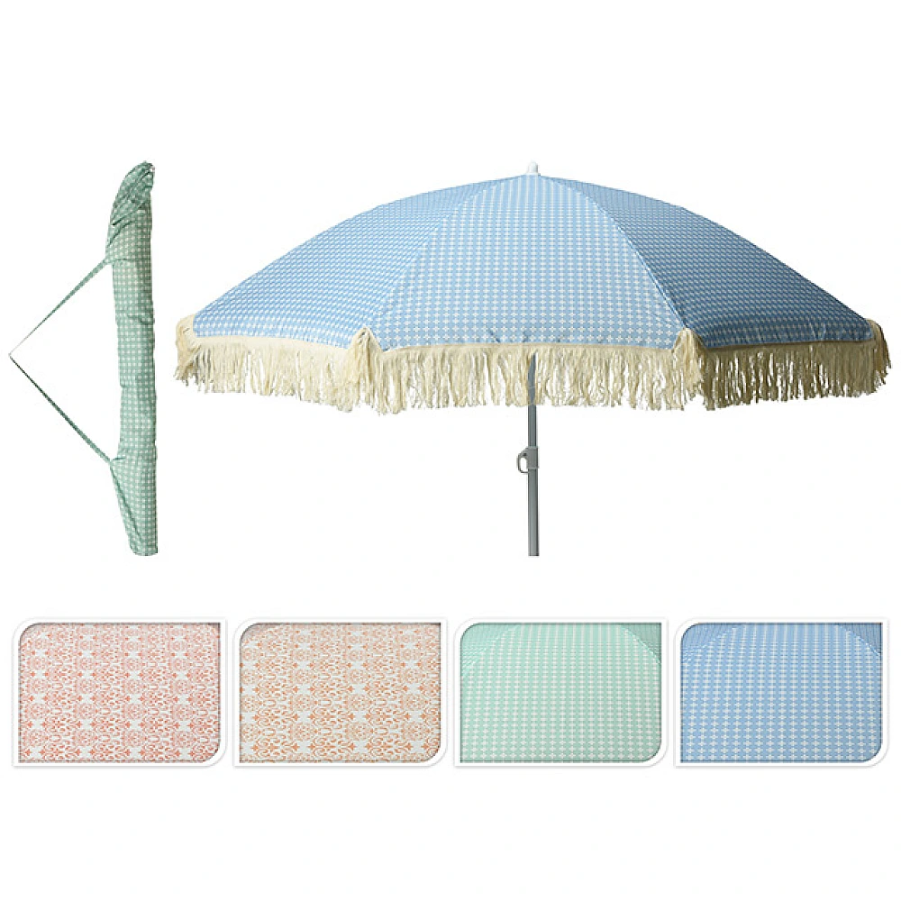 Umbrelă de soare D176cm cu picior flexibil, 8 spite, 4 culori, cu franjuri, husă