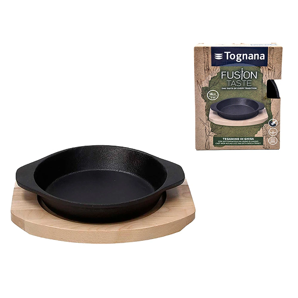 Tigaie din fonta 14 cm Tognana Fusion Taste pe suport de lemn