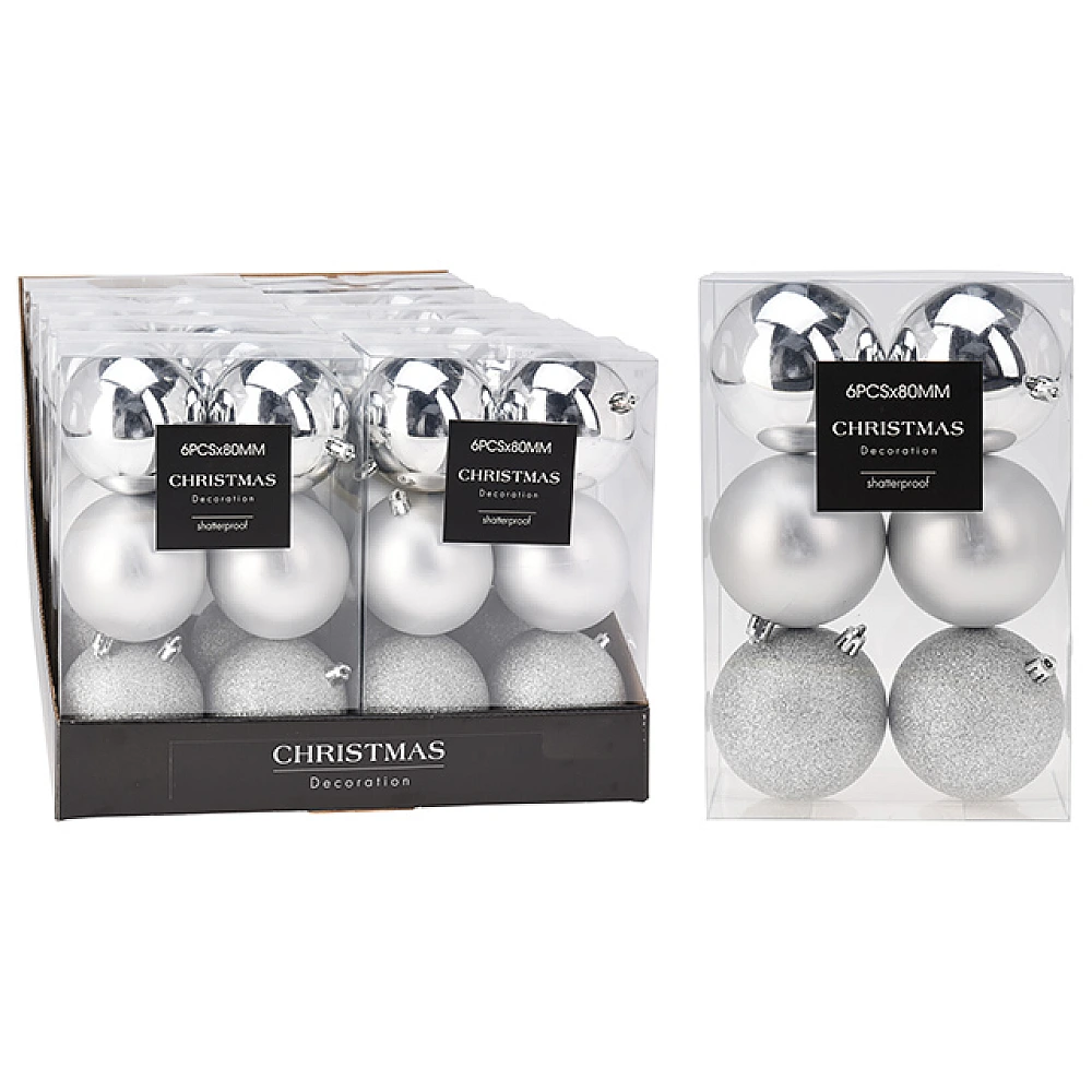 Set globuri pentru brad 6X80mm in cutie, argintii