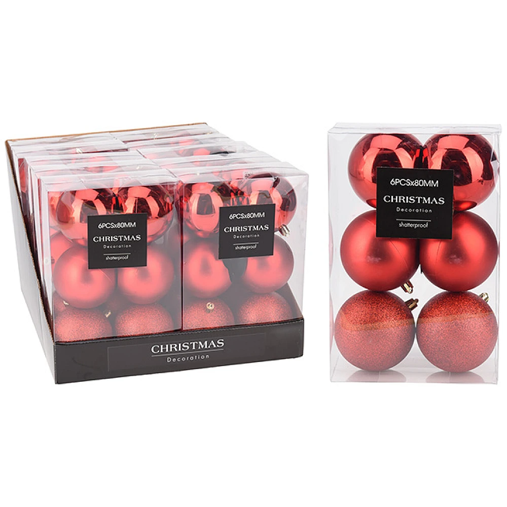 Set globuri pentru brad 6X80mm in cutie, rosii