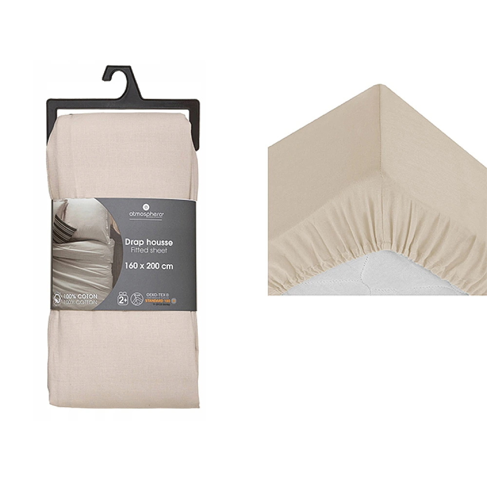 Cearsaf cu banda elastica 160X200X30 cm, 100% bumbac, bej