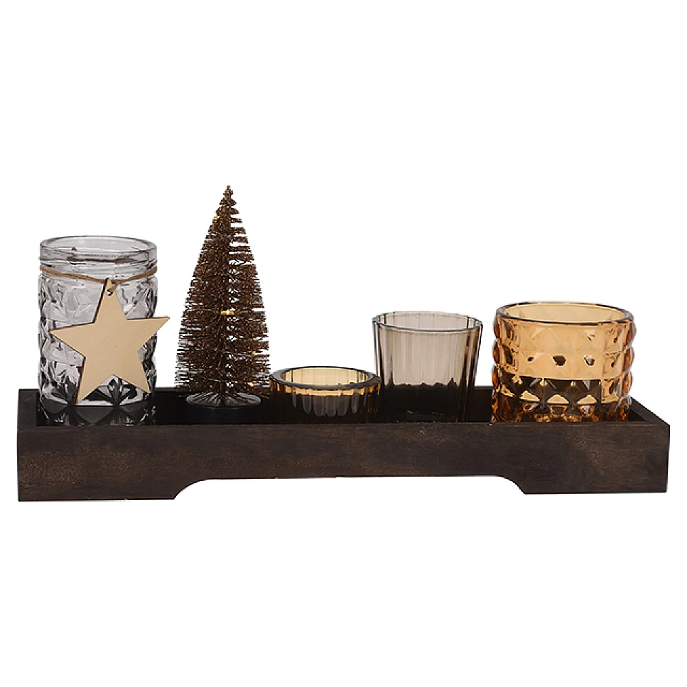 Candelabre din sticla 4buc si LED pe brad, tava  9.5X31.5cm