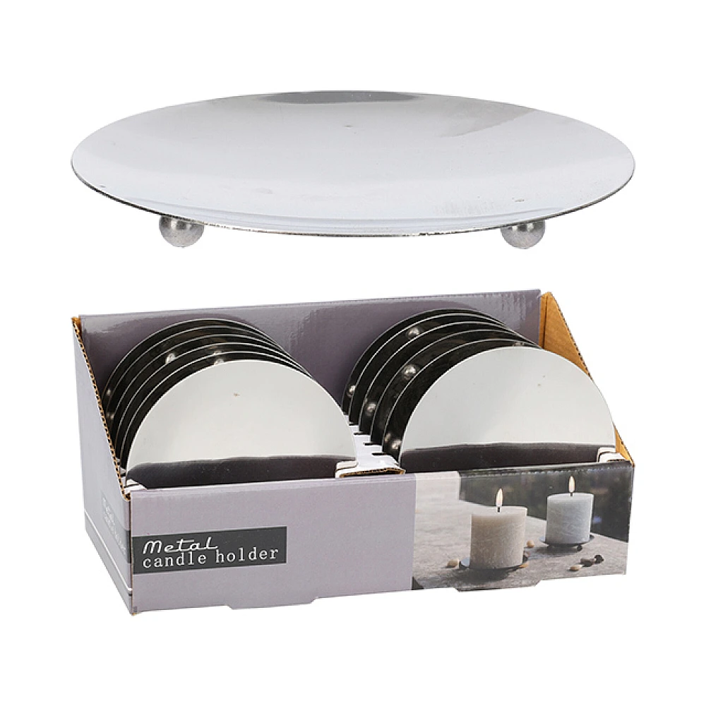 Suport tip farfurie pentru lumanari, cu picioruse, D12 cm, metal, argintiu