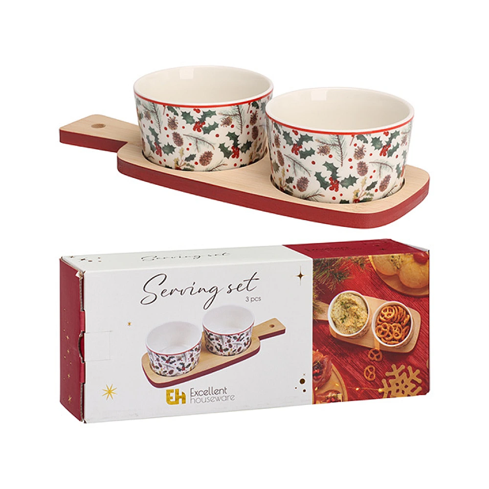 Set pentru aperitiv Christmas: 2 boluri si suport din lemn