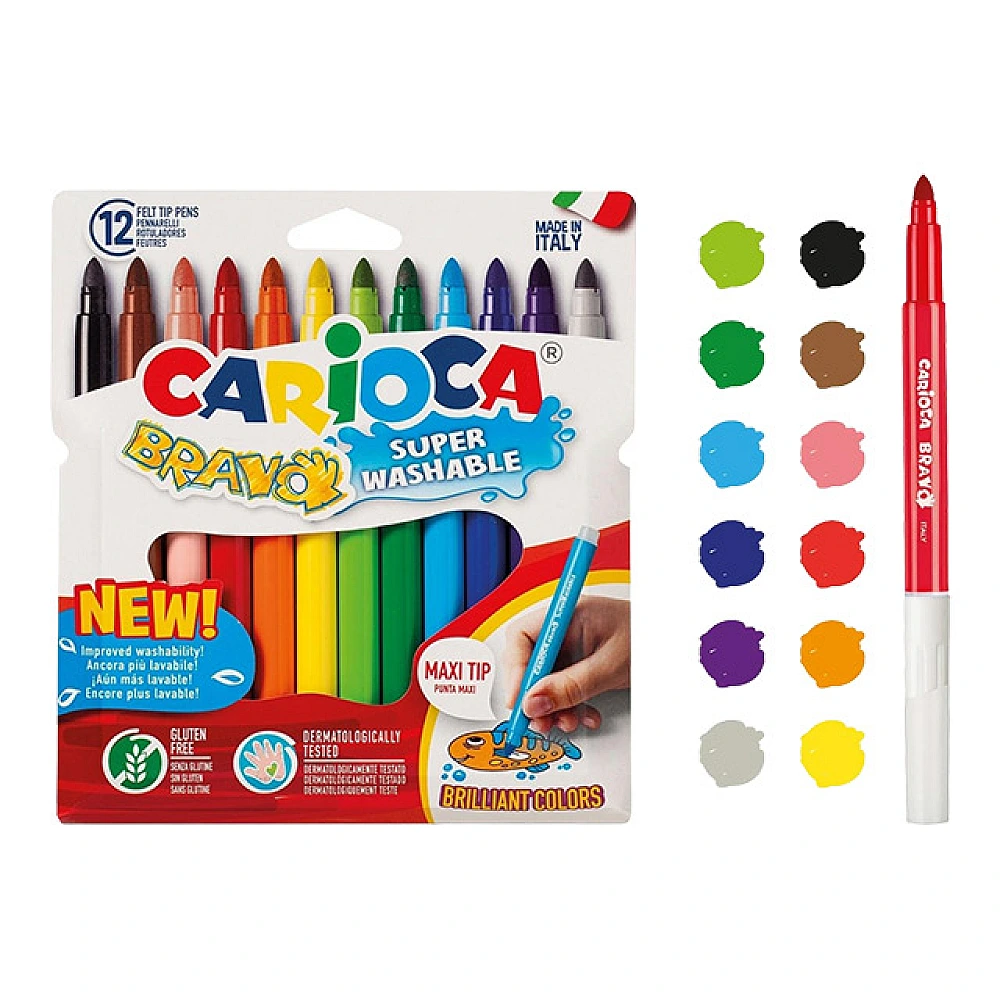 Set markere 12 buc Carioca Bravo super lavabile