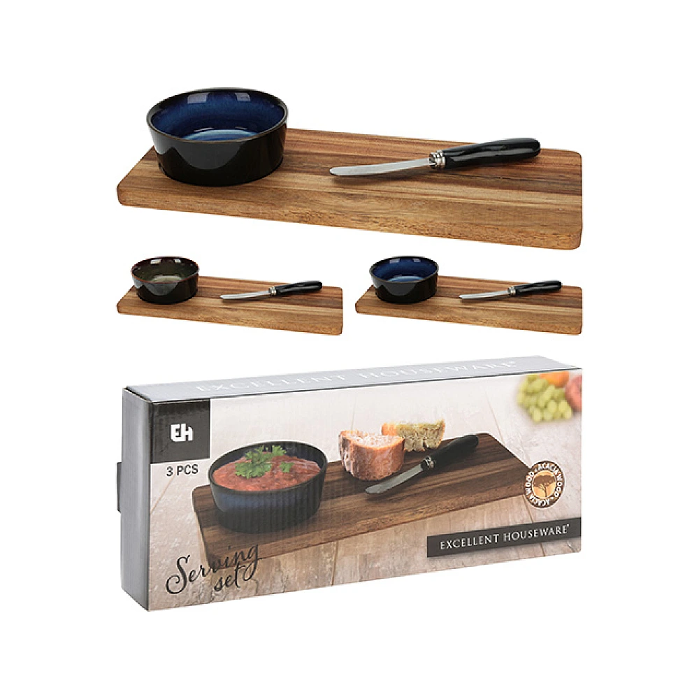 Set pentru aperitiv EH 3 boluri 16cm, cutit pentru unt, suport din lemn 30X12cm