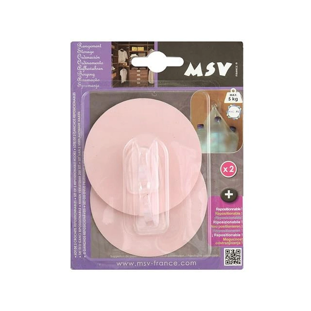 Cârlige autoadezive MSV, 2buc, rotunde, 8cm, roz, din plastic