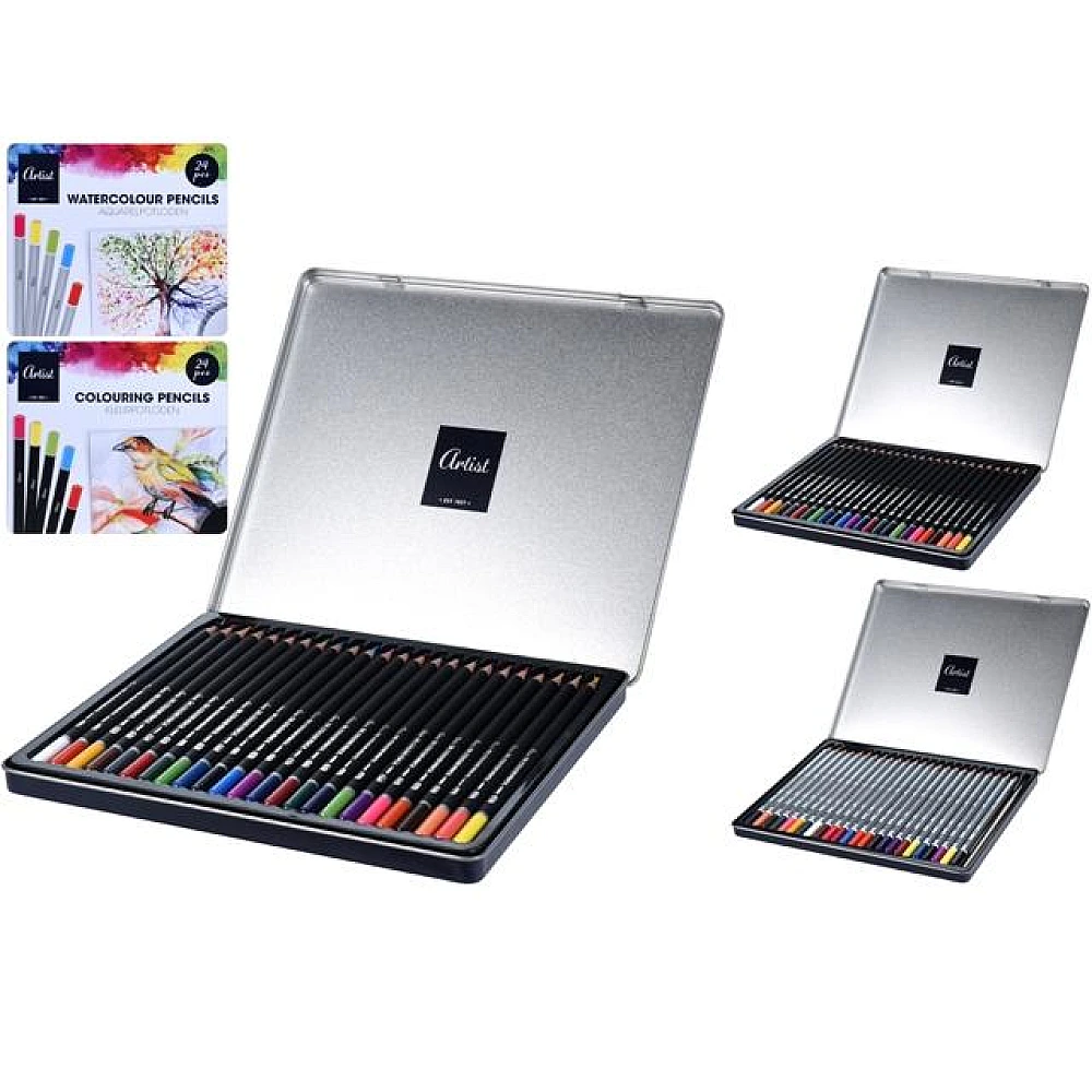 Set creioane colorate 24buc pe baza de ulei si apa, cutie metalica