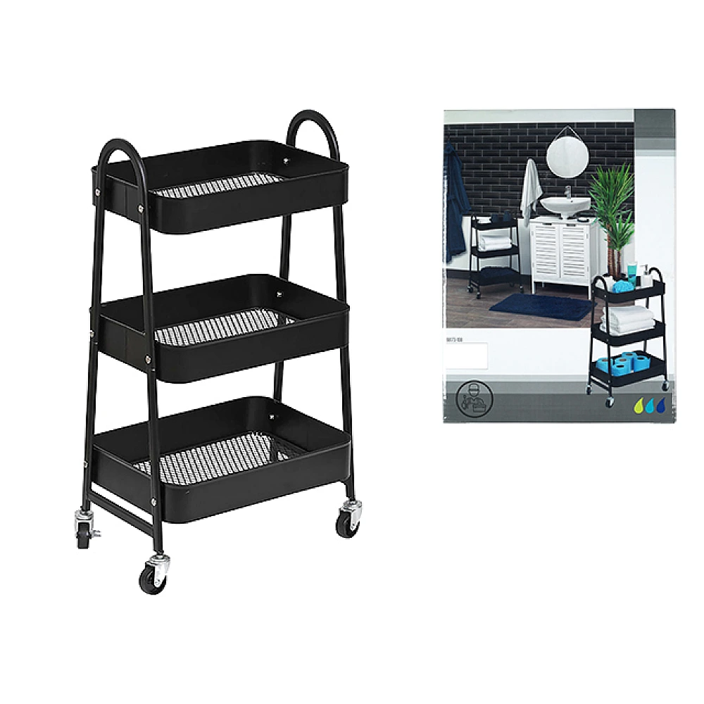 Etajera cu 3 nivele Tendance pe rotile 31X43.5X79cm, negru metal