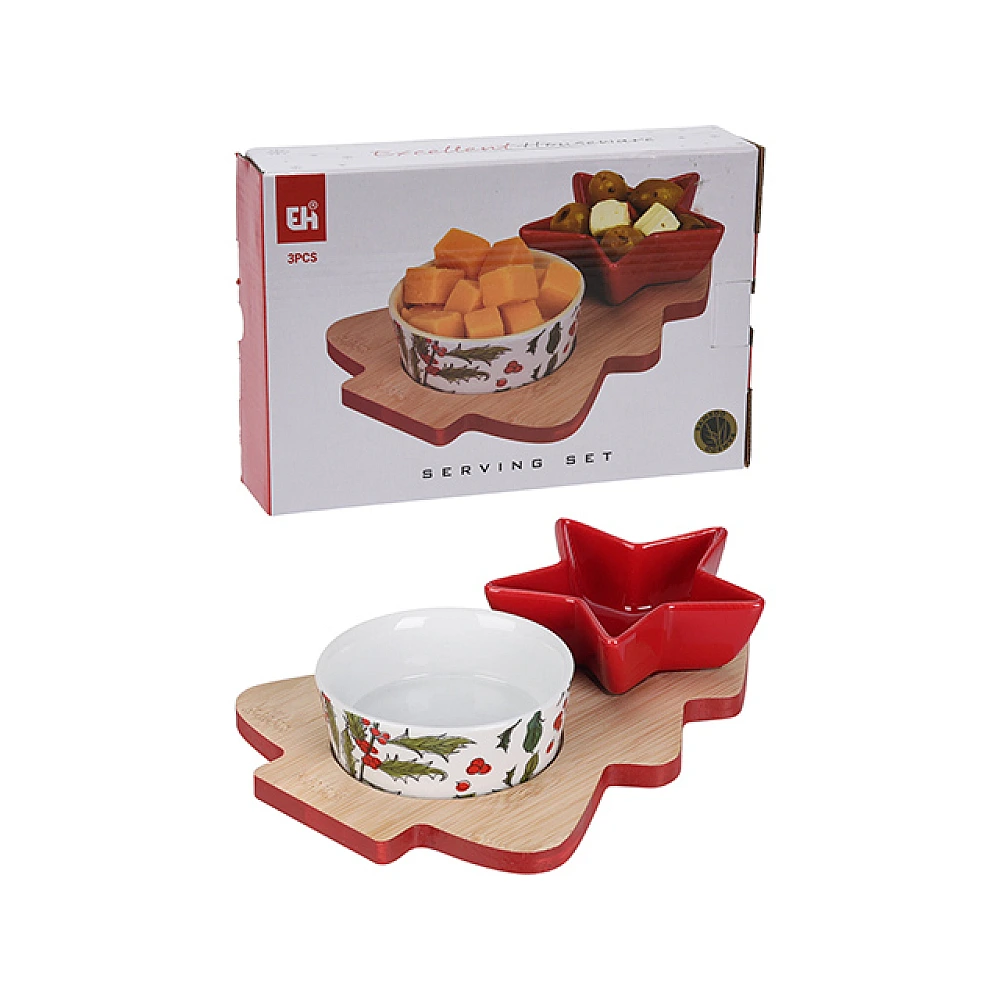 Set pentru aperitive EH 3buc 22X15cm, motiv de Craciun, suport din lemn