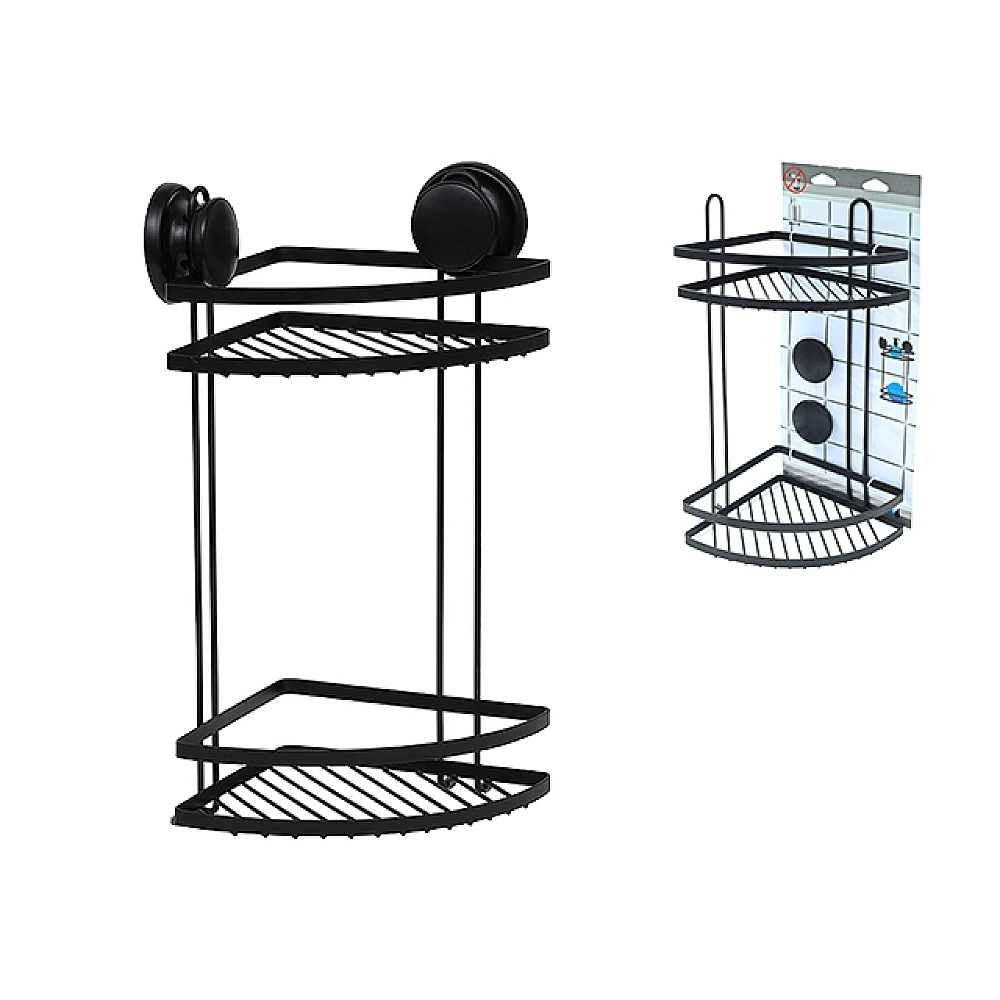 Raft de colt cu 2 nivele pe ventuze Tendance 18X18X38cm, metal, negru