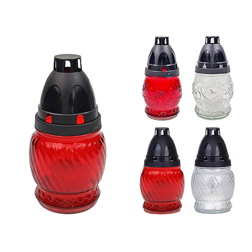 Candelă sticlă cu capac 14cm 6-8ore, albă/rosie