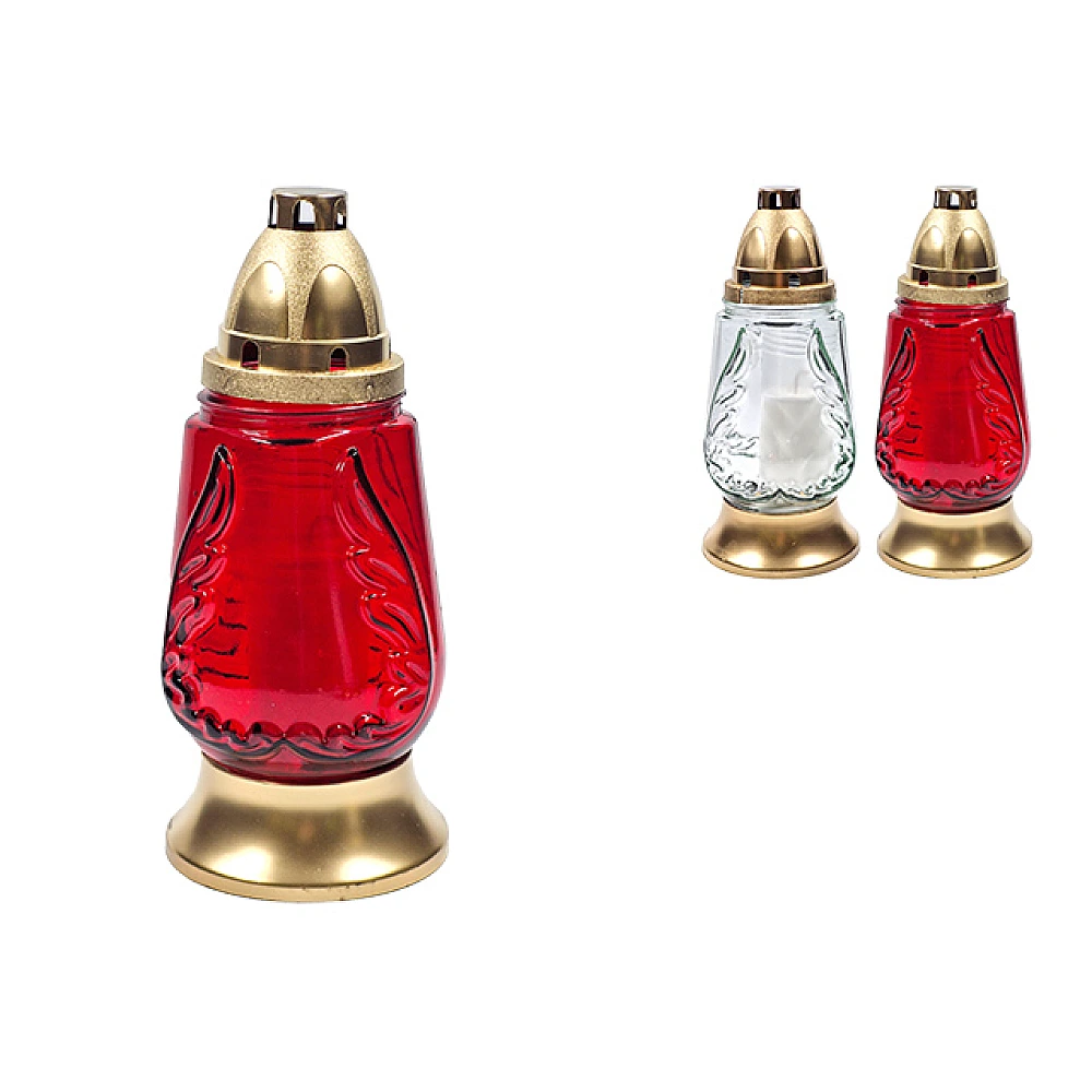 Candela sticla cu capac 24cm 28ore gravata, rosu/alb