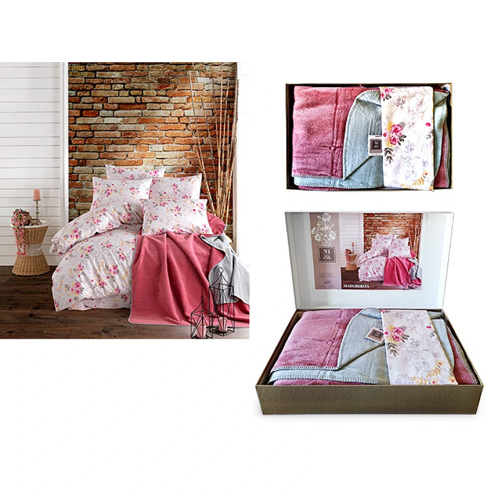 Lenjerie de pat 2pers NH Margarita bumbac, plapuma, cearsaf, 2 huse p/u perna, argintiu/roz