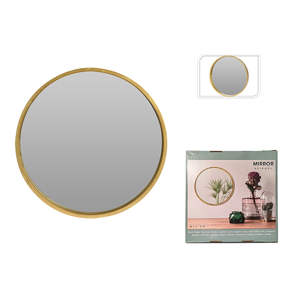 Oglindă de perete D30cm Mirror, cu ramă aurie din lemn