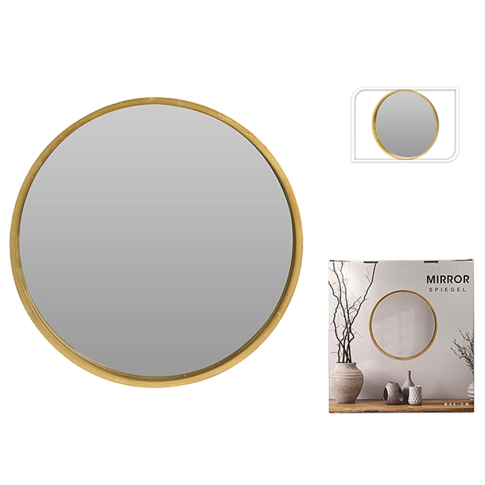 Oglindă de perete D40cm Mirror, cu ramă aurie din lemn