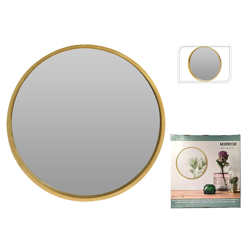 Oglindă de perete D50cm Mirror, cu ramă aurie din lemn