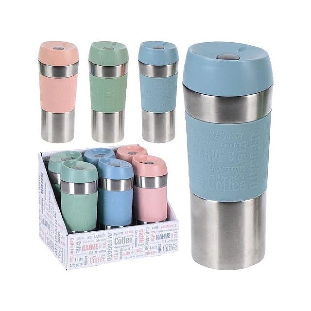 Termo pahar EH 350ml, 20cm, cu capac și clapetă din silicon, inox, 3culori