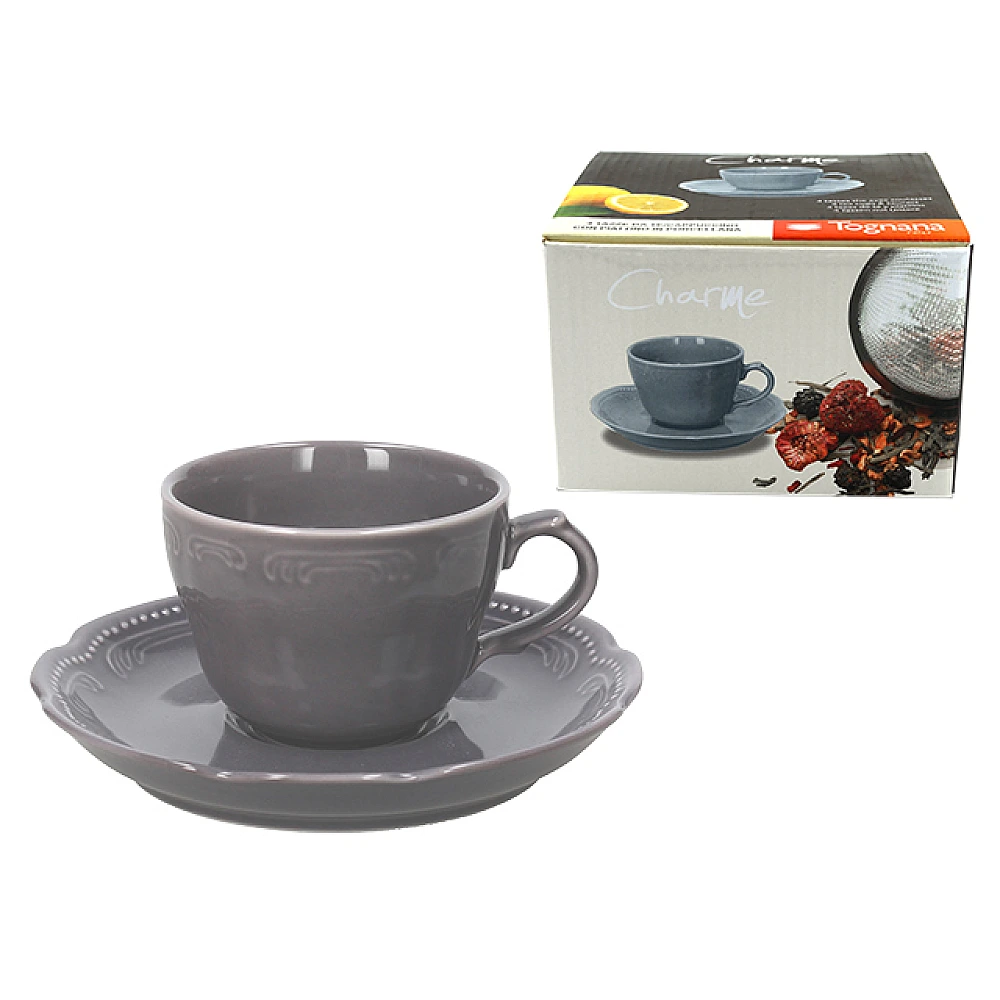 Set 4 căni pentru cafea cu farfurioare V.Wenna Charmel, gri, in cutie