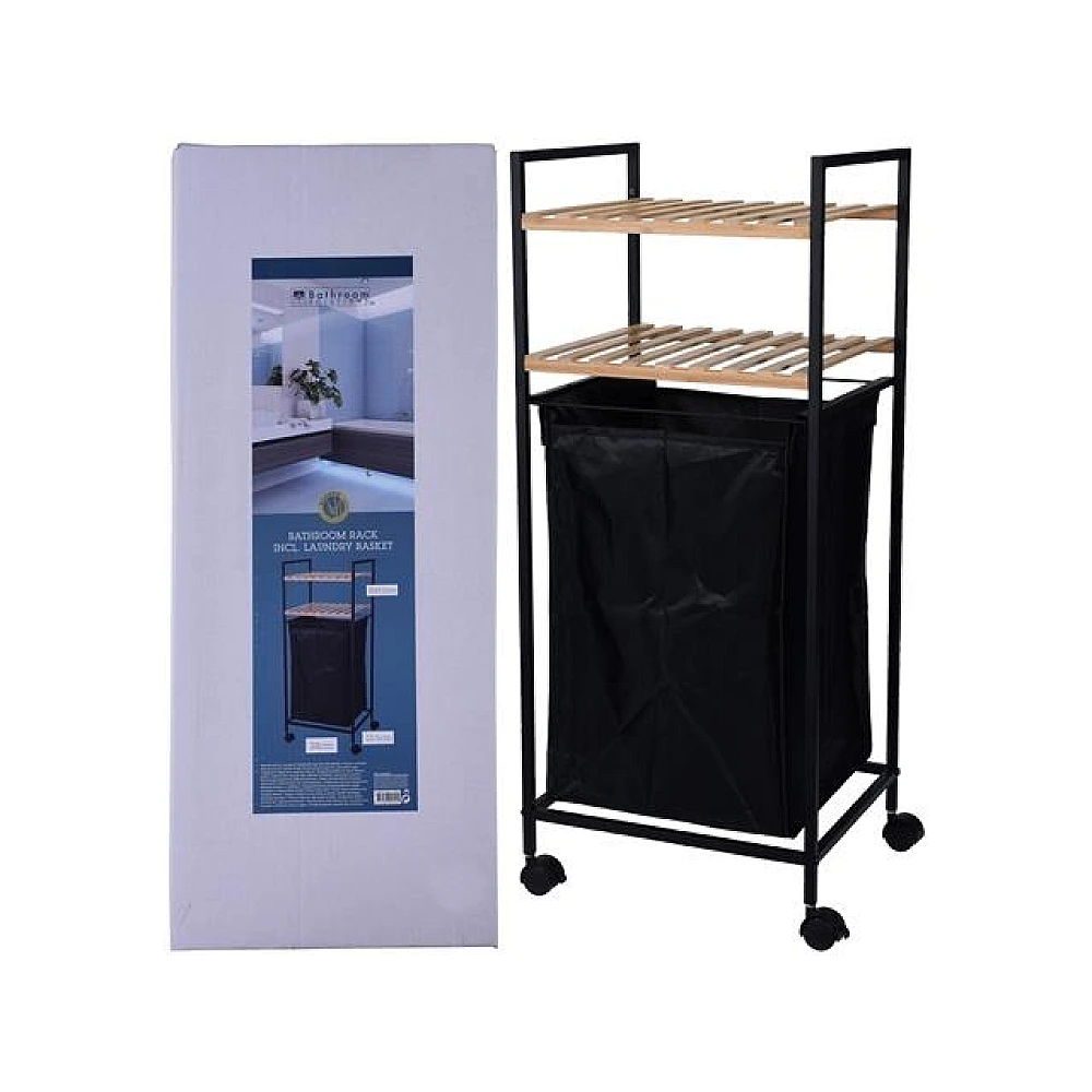 Etajera + cos pentru haine pe rotile 38X32X89cm, bambus/metal