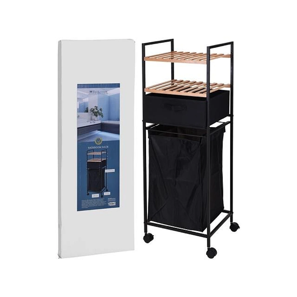 Etajera + cos pentru haine + cutie pe rotile 38X33X105cm, bambus/metal