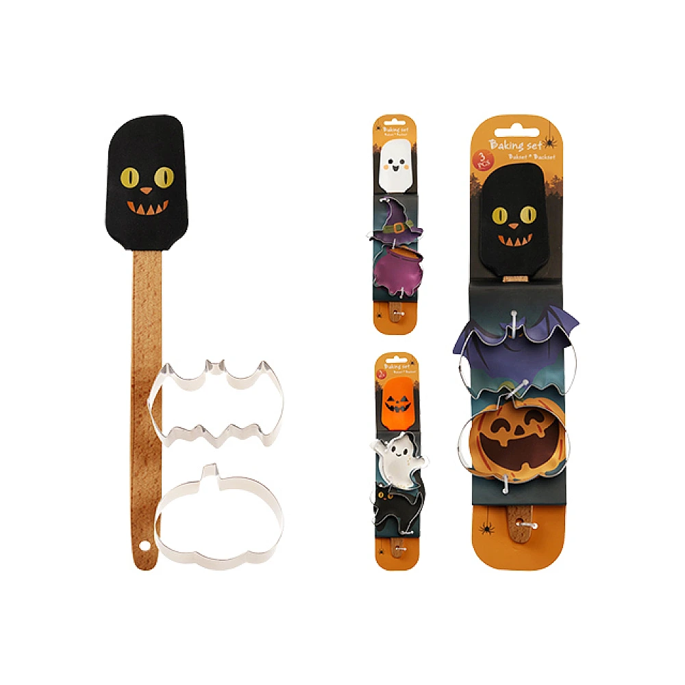 Set de patiserie Halloween: spatula din silicon cu maner din lemn + 2 forme