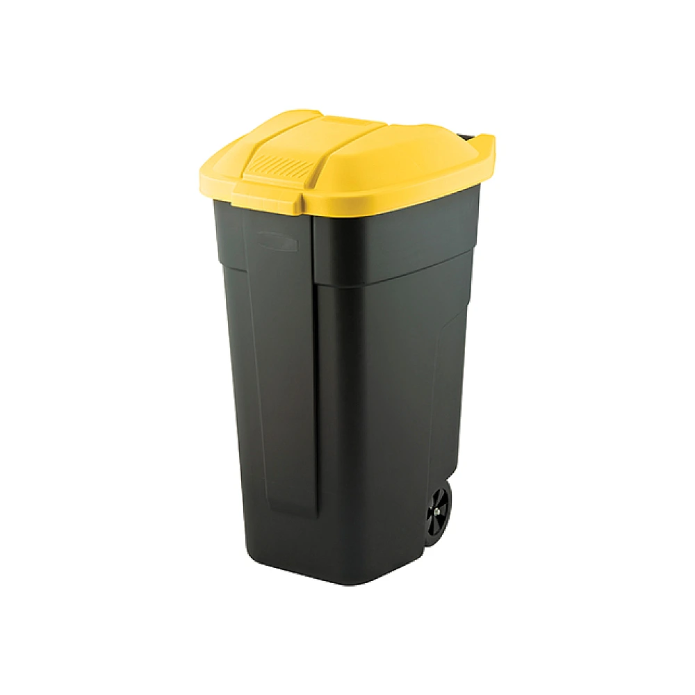Cosul pentru deseuri cu maner si roti O/W 110l, 88X52X58cm, negru/galben