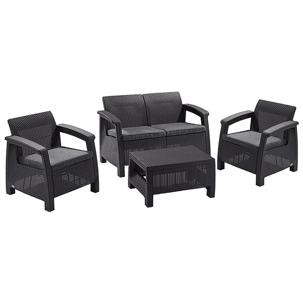 Set mobilier Corfu 4 piese: canapea, 2 fotolii, masa/perne, gri grafit-deschis