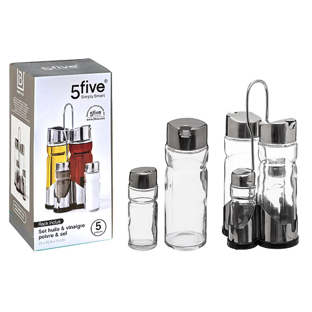 Set pentru mirodenii 5Five ulei, otet, sare, piper + suport, sticla/inox