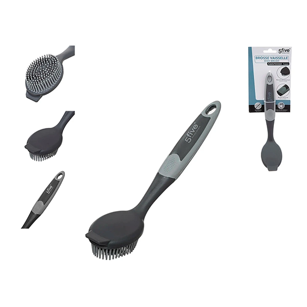 Perie pentru spalat vase din silicon Five, rotunda, maner lung, gri