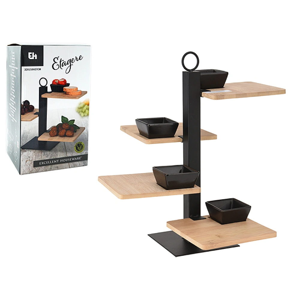 Suport de servire 4 nivele 37X32cm si 4 boluri, bambus/metal