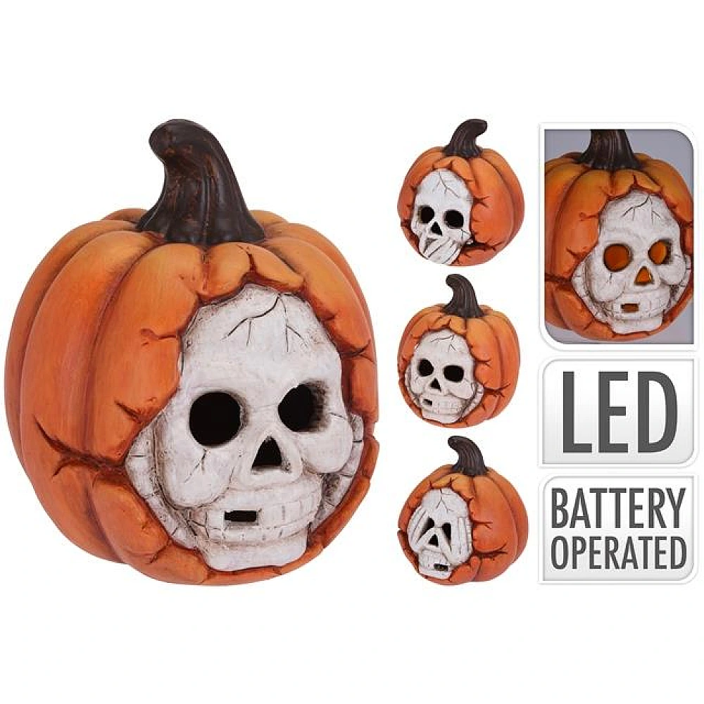 Suvenir LED Halloween Dovleac cu Craniu 11cm, ceramic
