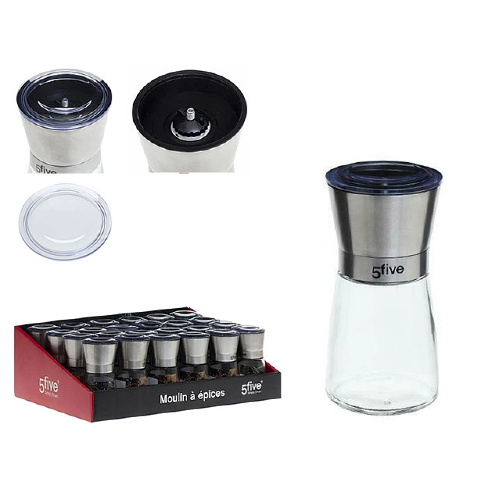 Rasnita pentru piper si sare Five D6.5X13cm, inox/sticla