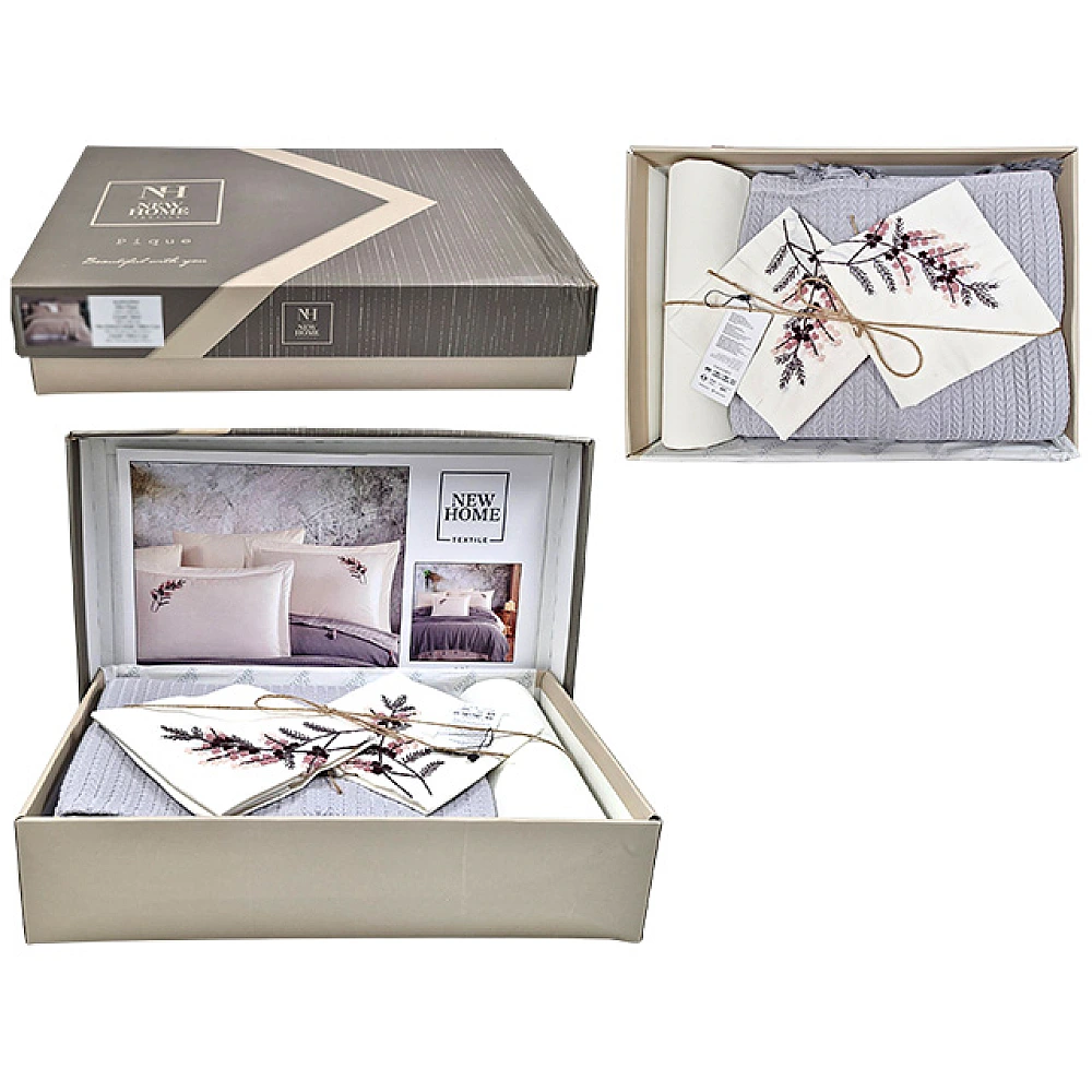 Lenjerie de pat 2 pers NH Pike L.Grey cu broderie: cuvertura de pat, cearsaf, 4 huse pentru perna