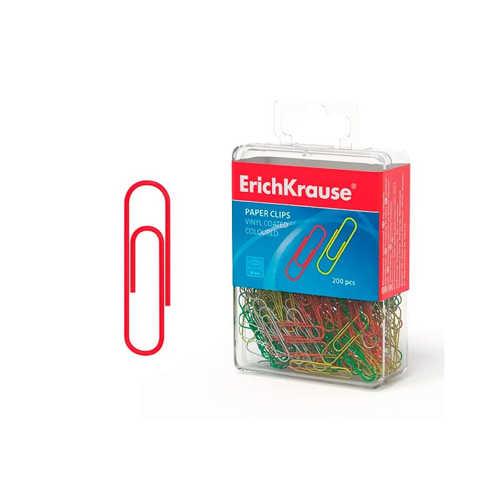 Clame 200buc, ErichKrause, cutie de plastic, colorate / Agrafe 200buc, ErichKrause, cutie de plastic, colorate